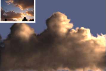 左上に示す実写画像を用いて決定したパラメータを用いてレンダリングされたCG による雲.実写画像の色と陰影を再現