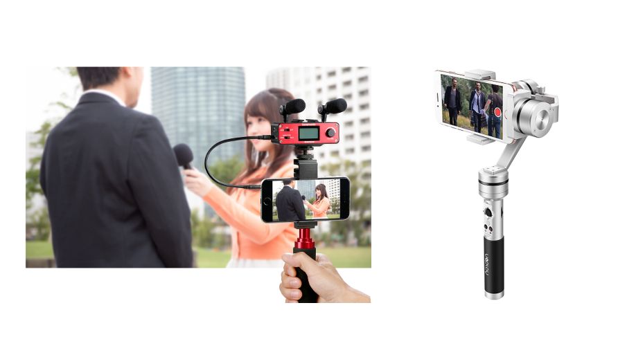 AIBIRD社のスマホ用ジンバル「UoPLAY2/2S」(右)と、Saramonic社のスマホ用オーディオミキサー「Sm